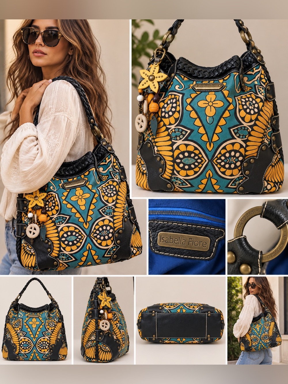Vintage Y2K Isabella Fiore Teal Paisley Studded Boho Handbag